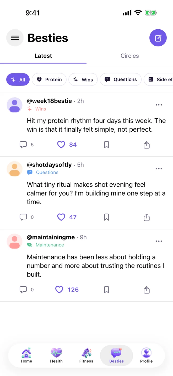Besties community feed with circles and shared updates
