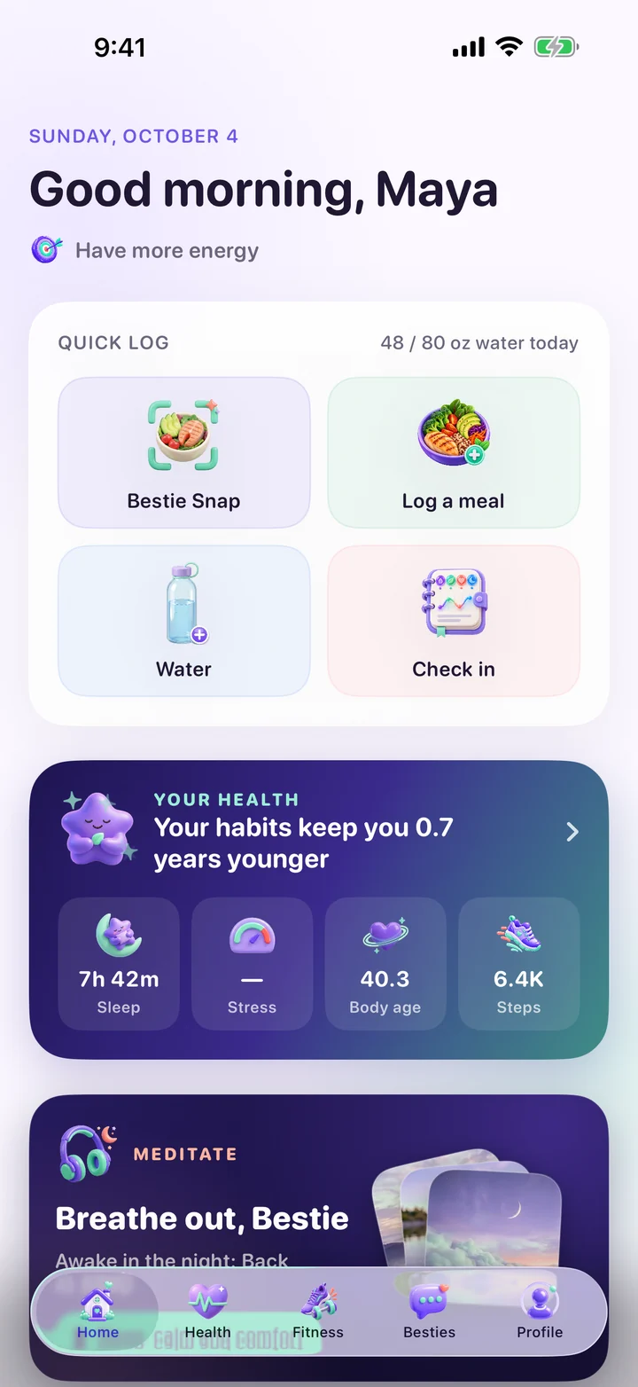 GLP-1 Bestie home screen with quick meal, water, and check-in logging